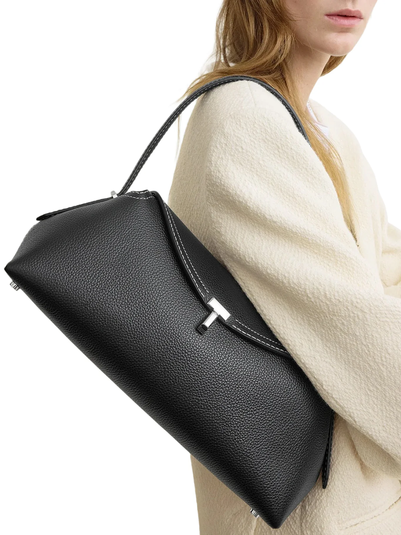 T-LOCK LEATHER BAG WITH CONTRASTING STITCHING - Image 3